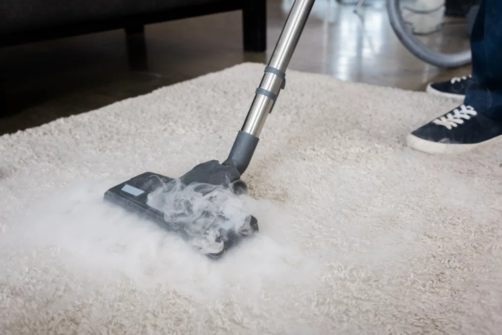 Cropped view of cleaner using vacuum cleaner with hot steam on carpet at home